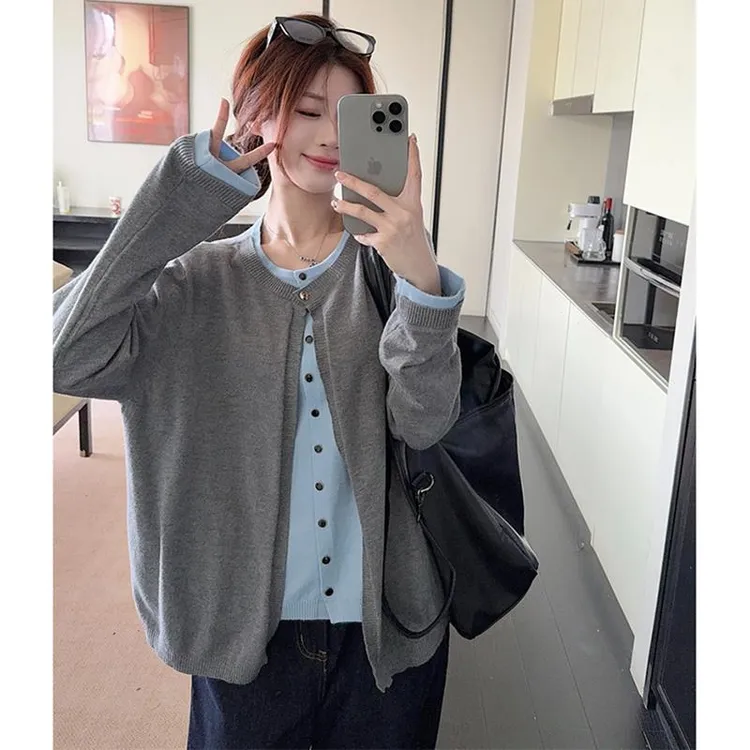 假两件撞色哺乳上衣秋冬大码针织开衫显瘦辣妈款外出喂奶长袖毛衣