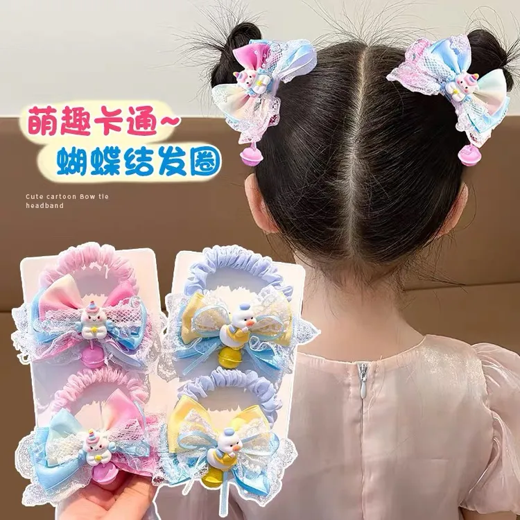 渐变彩虹蝴蝶结可爱独角兽小女孩立体夹发圈小黄鸭铃铛儿童顶夹