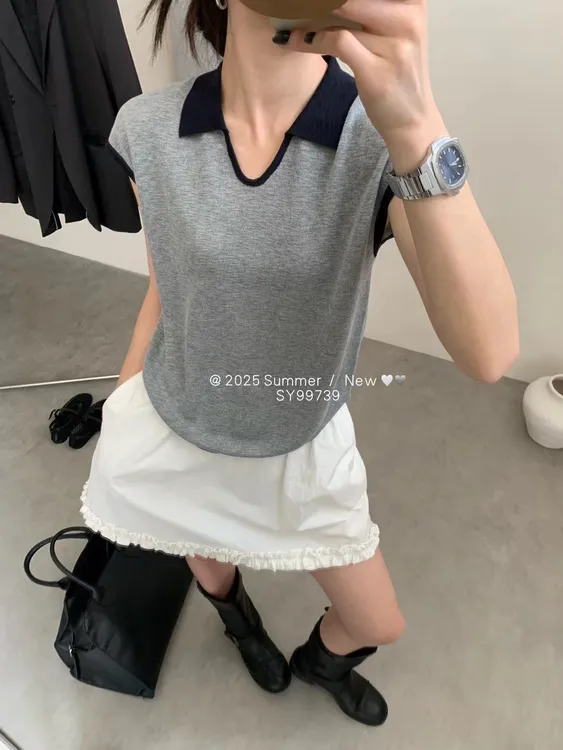 2025年夏新款针织短袖背心宽松法式气质简约时尚百搭显瘦针织上衣