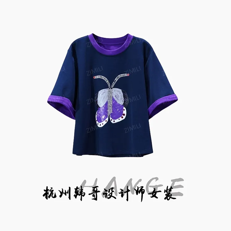 【韩哥女装】2025欧版小众设计师藏蓝色蝴蝶印花高克重短袖6629-B2