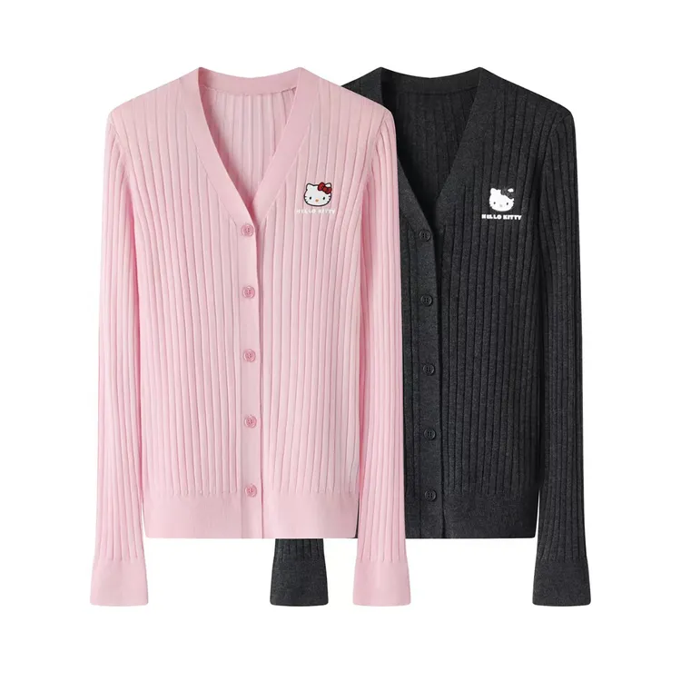 2025初秋新品女装卡通小猫咪镶钻字母印花毛针织开衫女