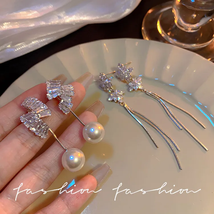 纯铜锆石耳饰 ins风长款镶钻雪花流苏耳环超闪轻奢耳坠精致高级感