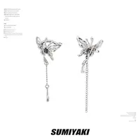 铜合金合成锆石耳饰 SUMIYAKI 原创设计生化蝴蝶双层流苏立体无耳