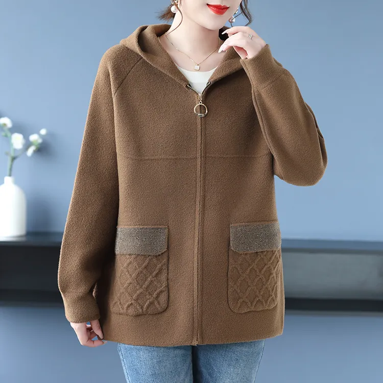 新款中年妈妈毛呢外套大码上衣洋气宽松韩版秋冬针织连帽开衫大衣