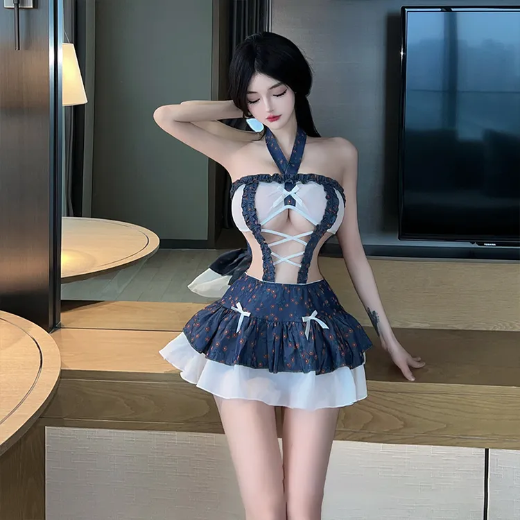 性感连体睡衣短款女仆制服套装一字领气质显瘦复古睡裙