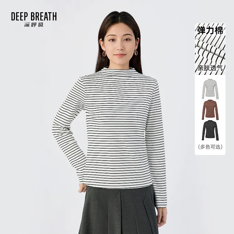 DEEP BREATH深呼吸简约烟管领弹力经典条纹长袖T恤上衣女A302154