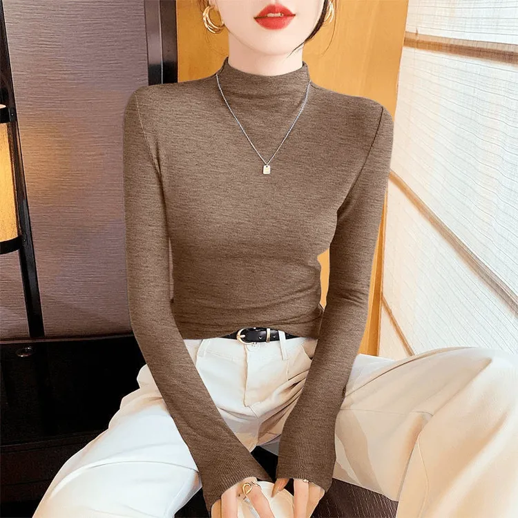 2025秋冬新款半高领打底衫女秋冬新款螺纹内搭显瘦长袖T恤女上衣