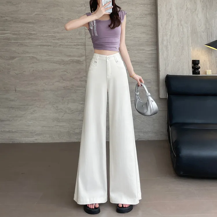 白色阔腿牛仔裤女2025新款春夏高腰宽松显瘦小个子垂感直筒拖地裤