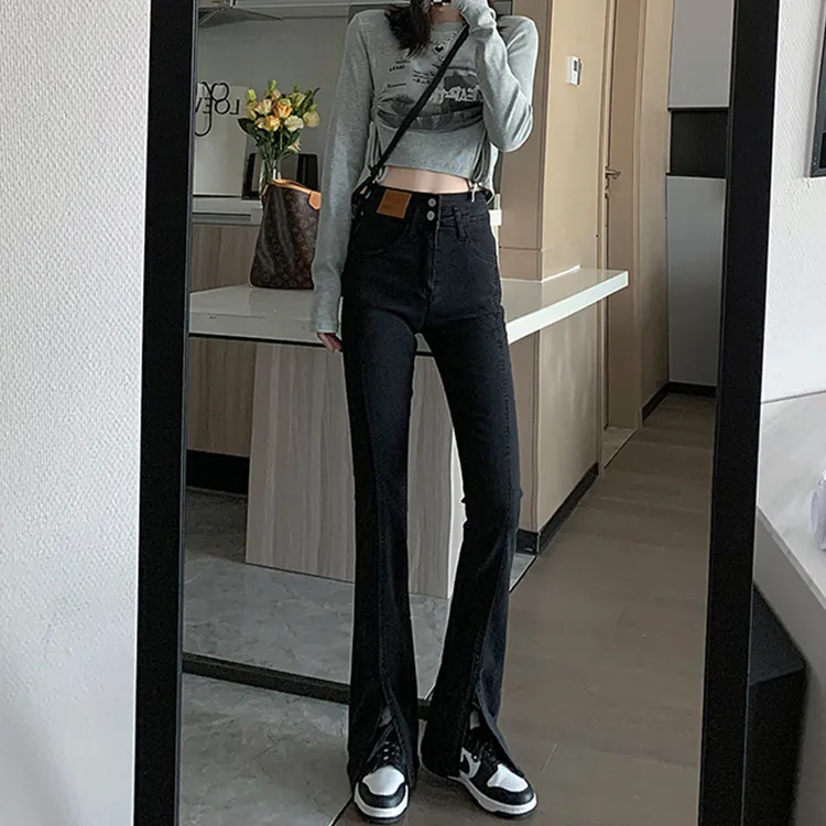 艾格开叉双扣微喇牛仔裤女2025春季新款高腰修身显瘦马蹄喇叭裤子