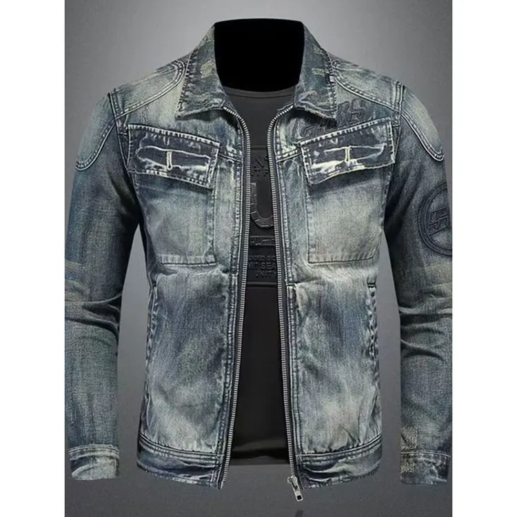 OVOZI2026年高端刺绣牛仔外套男士春秋季新款轻奢设计感拉链机车