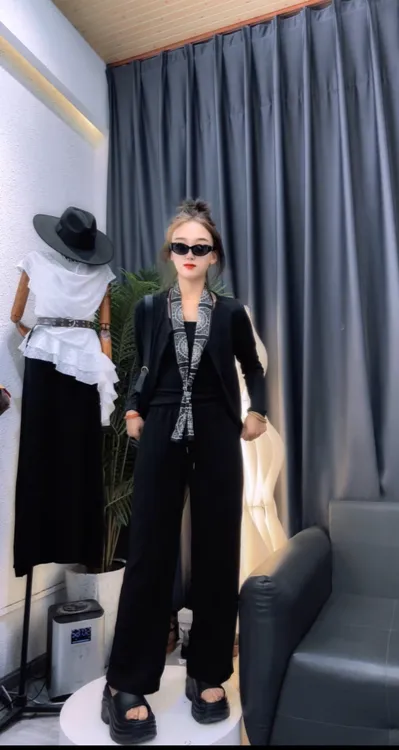 休闲显瘦三件套1-235开衫外套配高腰阔腿裤套装春秋款