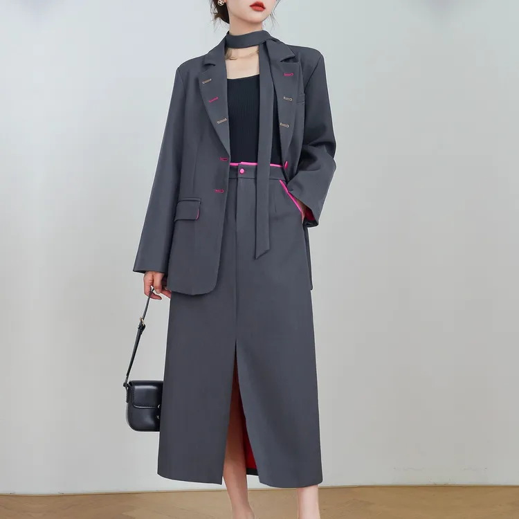 大码女装胖mm春秋时尚休闲气质高级感百搭显瘦西装半身裙两件套装