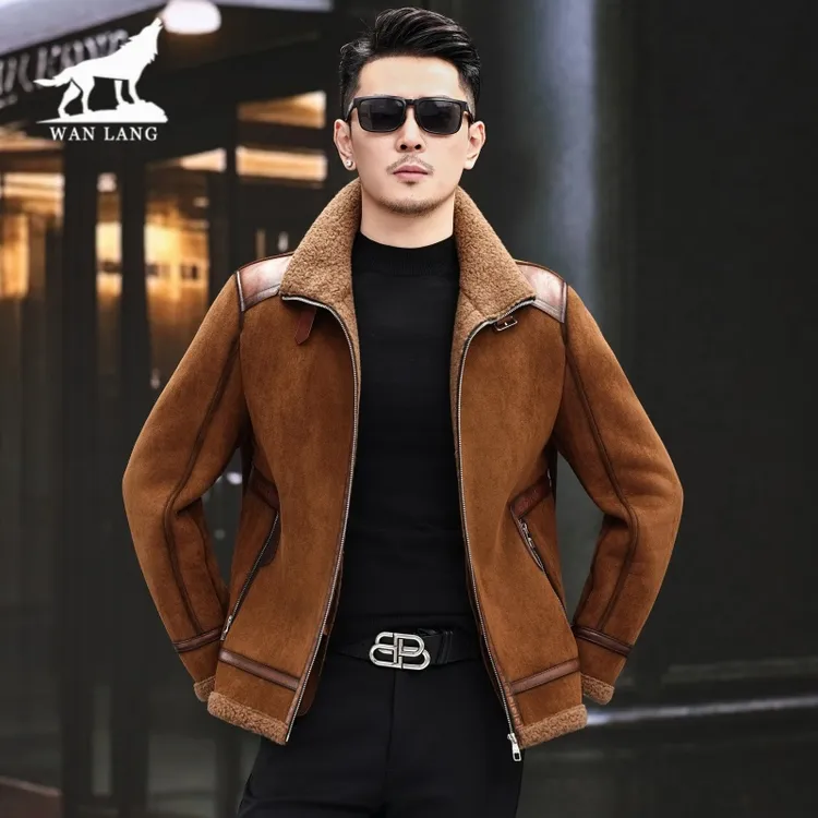 新款男士真皮毛一体外套羊毛皮衣夹克短款潮流冬季保暖加绒厚外套