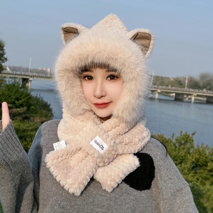 2025新款狐狸毛毛绒帽子围巾一体女生秋冬东北骑车围脖加厚保暖