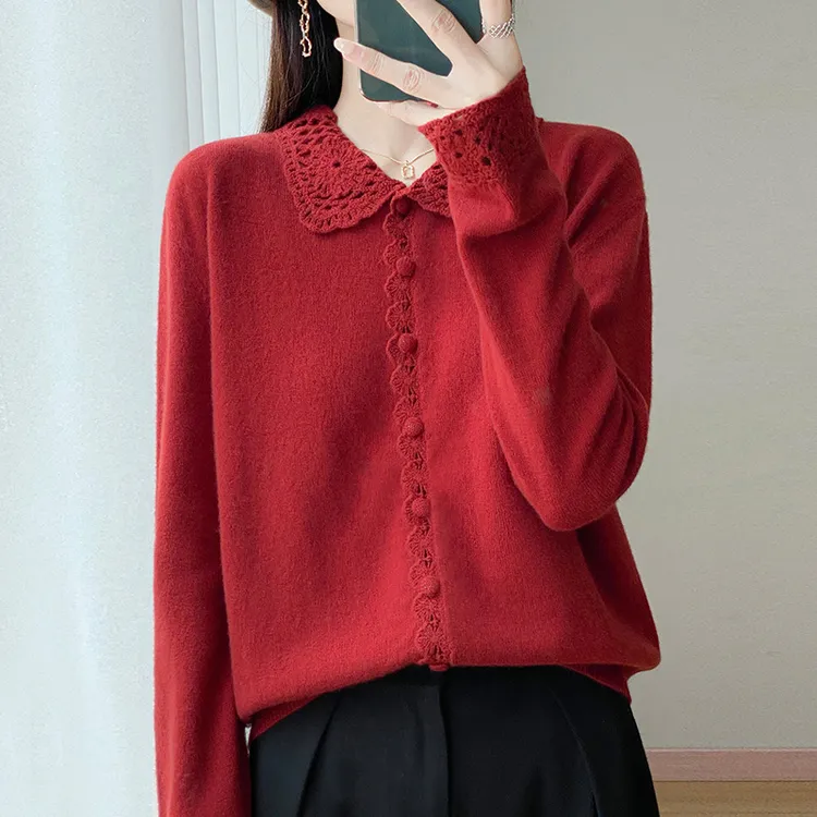 秋冬新款100丝光羊毛钩花衬衣领开衫女复古宽松针织羊毛开衫外套