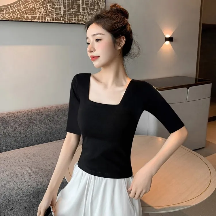 黑色中袖方领t恤女2025新款春夏纯棉半袖法式低领修身五分袖上衣