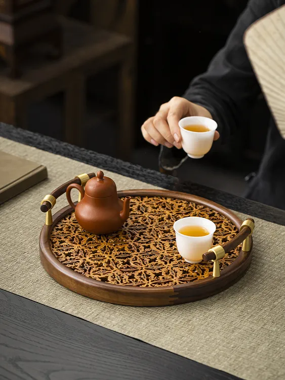 核桃茶盘花好月圆干泡茶盘中式纯手工茶托盘茶具收纳简约复古干泡