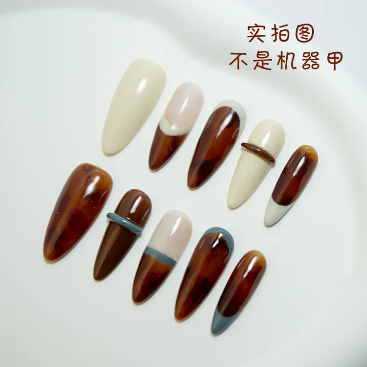 秋冬爆款新款长款美甲贴片琉璃晕染法式高级感穿戴甲假指甲贴片