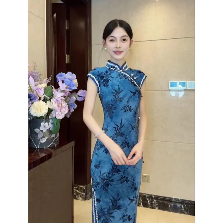 海湾）125cm改良新中式单层拉链款有弹力日常可穿旗袍优雅中国风