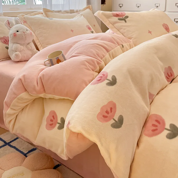 冬季牛奶绒床上四件套加厚加绒床单被套学生宿舍单人三件套保暖