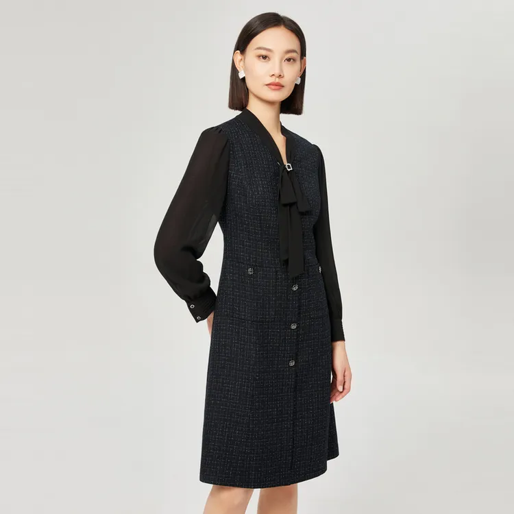 娜尔思V领长袖连衣裙女时尚气质2025年秋季新款裙子NF09204W0