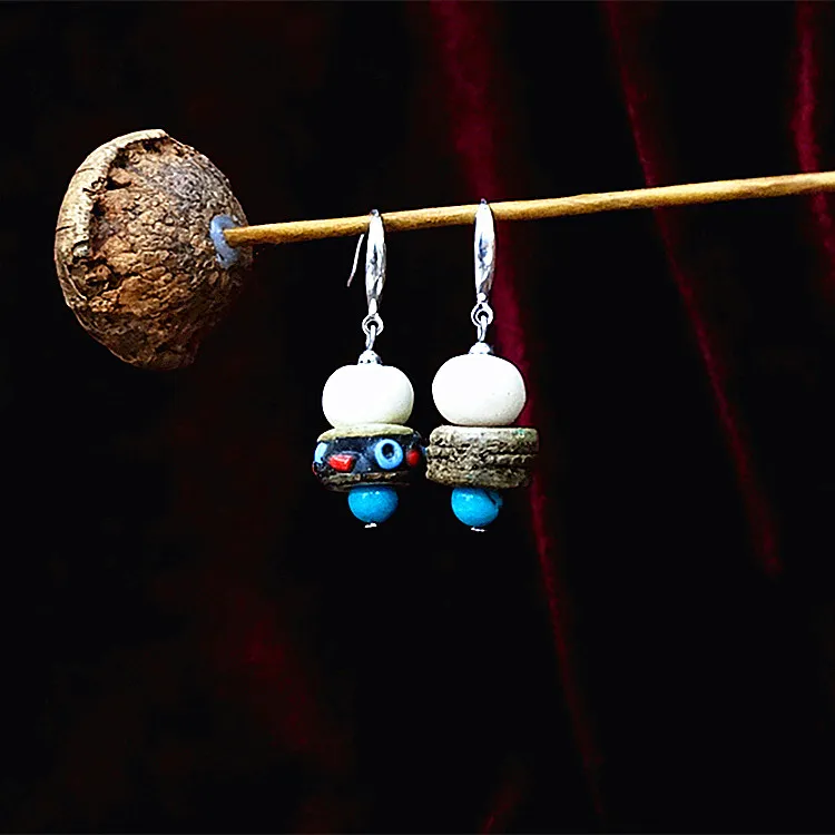 非金属陶瓷耳饰 民族风藏式尼泊尔手工个性耳坠925银复古国风耳环