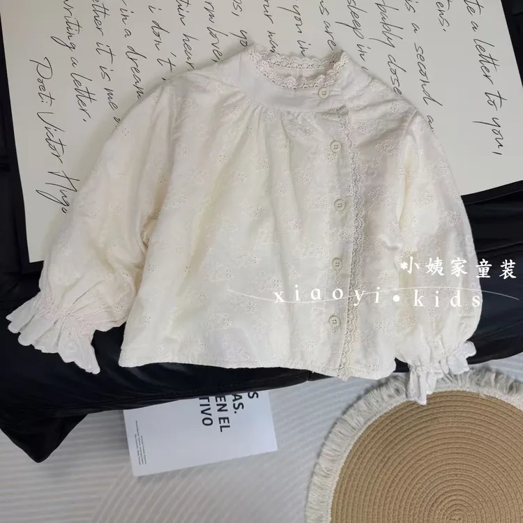 女童衬衫斜门襟高级感蕾丝刺绣上衣2025春季新款童装韩系洋气百搭