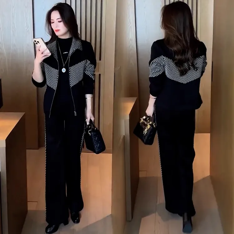 休闲运动套装女春秋新款洋气显瘦格子拼接立领开衫阔腿裤两件套潮