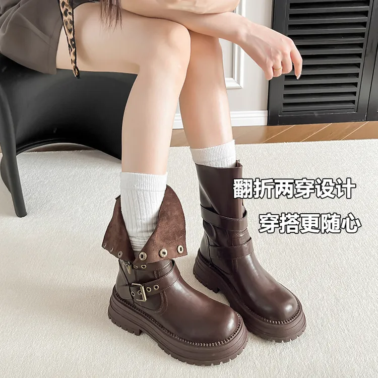 真皮~厚底内增高中筒短靴女2025新款两穿英伦风小个子棕色马丁靴