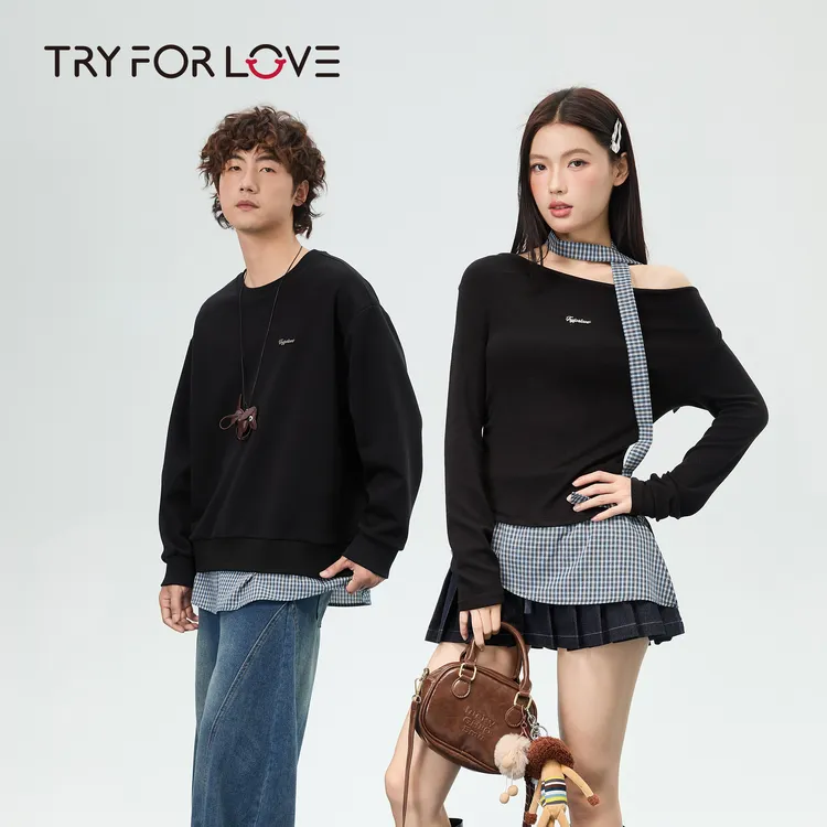 TRYFORLOVE秋季新款情侣装修身显复古拼接格子长袖T休闲百搭上衣