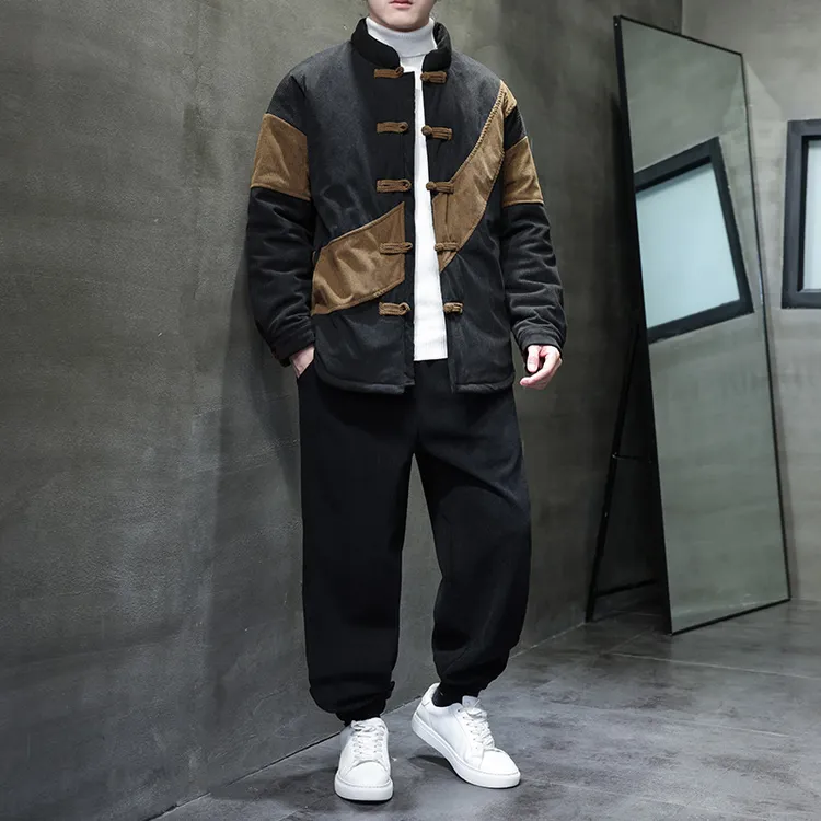 冬季新款中国风灯芯绒唐装棉衣套装新中式加厚保暖中山装棉服外套