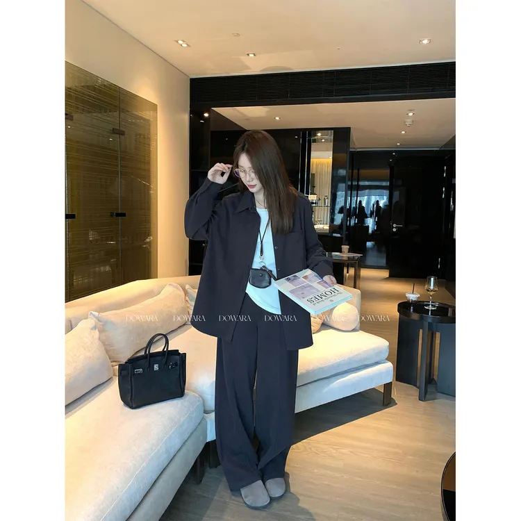 现货大婉酱微胖定制【月海】chic休闲套装衬衫秋冬长裤两件套 1165D