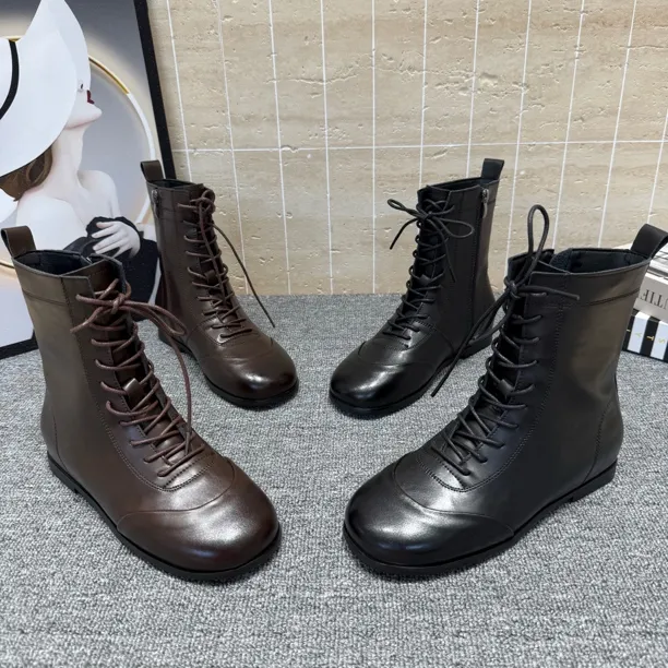 朵1717-6新款圆头秋冬加绒时尚短靴系带款洋气百搭舒适马丁靴