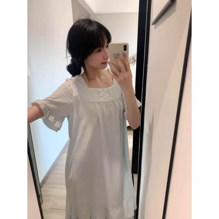 韩系简约蕾丝花边睡裙女中长款短袖2025新款夏季大码宽松舒适家居