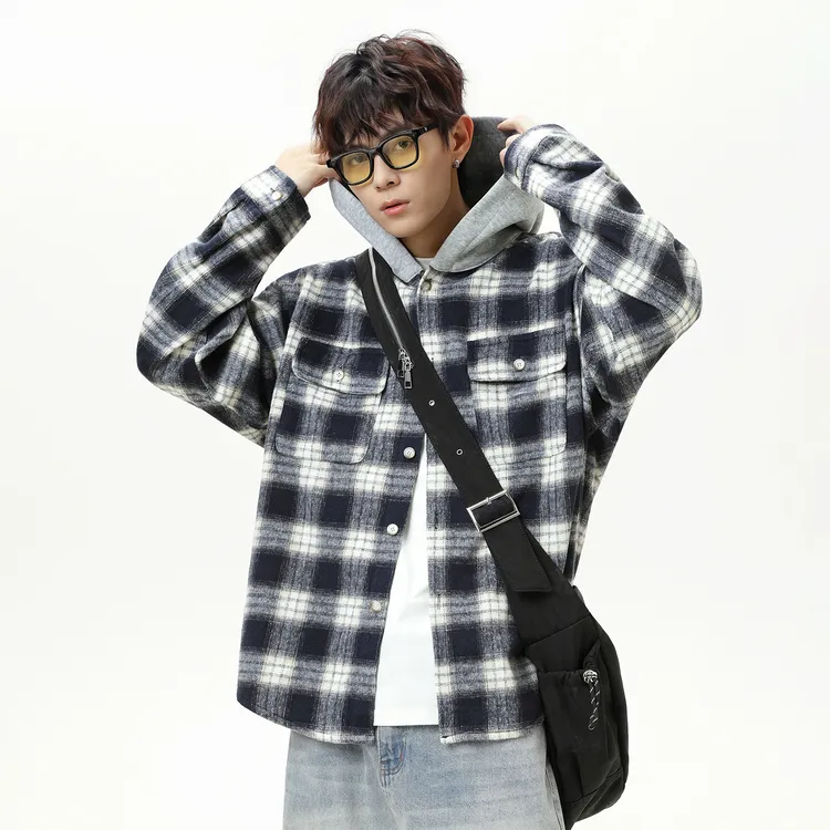 磨毛格子撞色拼接连帽长袖衬衫男秋季款潮牌宽松复古开衫衬衣外套