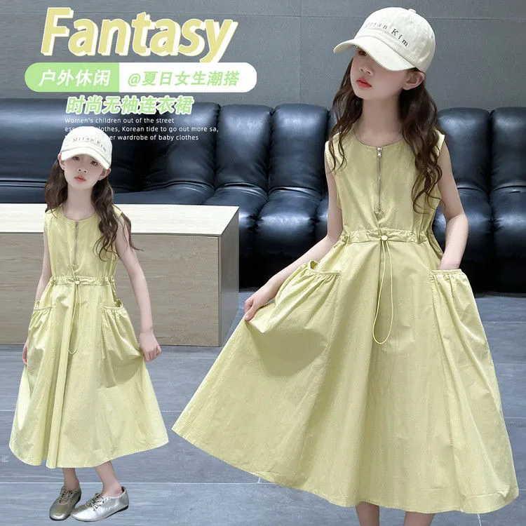 女童夏季无袖连衣裙2025新款儿童背心裙女孩收腰中长款吊带裙韩版