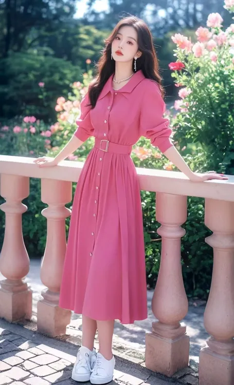 SS1175减龄超火玫红衬衫连衣裙仙女度假风穿搭多巴胺绝美裙