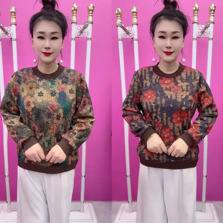 秋冬中老年妈妈加绒加厚圆领长袖碎花印花保暖宽松大码打底上衣