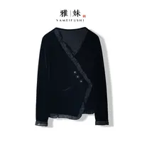 【晚月】2025新款秋季衬衣女式新中式女宽松丝绒荷叶领气质长袖衬衫