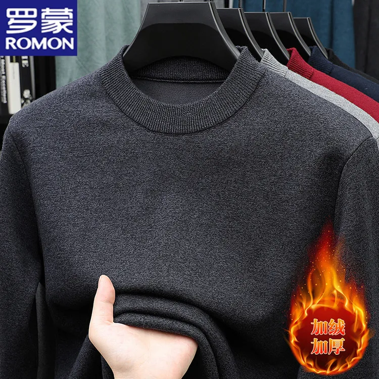 罗蒙男士毛衣秋冬款加绒加厚圆领中青年半高领加绒针织T恤衫新款