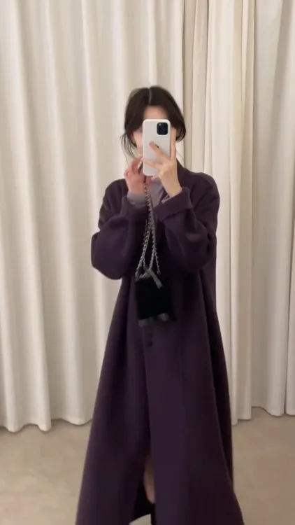 秋冬穿搭一整套韩系慵懒风气质紫色毛呢大衣外套搭配打底衫两件套