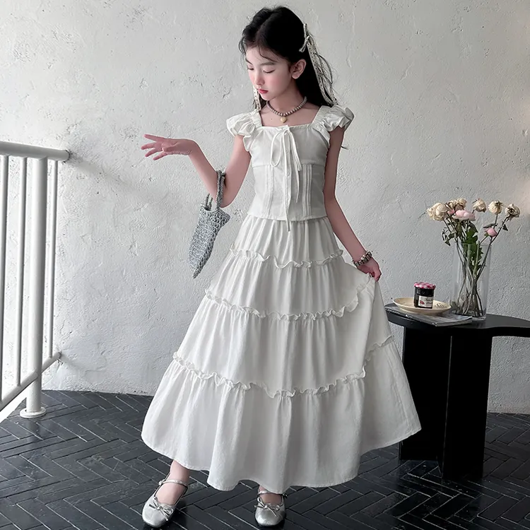 女童夏装套装白色连衣裙2025新款女孩大童儿童独特洋气时髦女童装