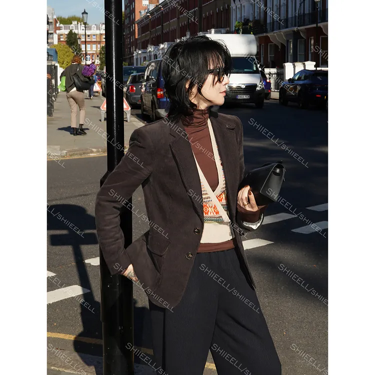 SHIIEELL【温莎绒迹】老钱风细条灯芯绒立裁合身版西装外套W0218
