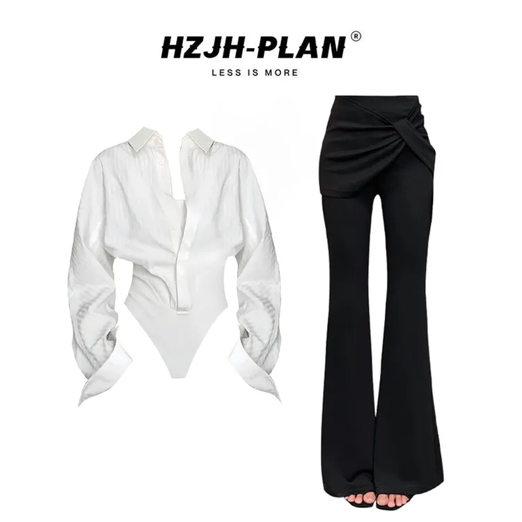 MARIE.COCO网红洋气炸街修身假两件连体衬衫高腰微喇西装裤套装