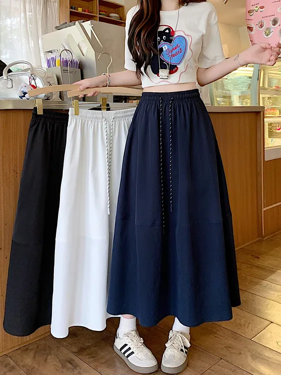 2025夏季大码女装新款a字裙松紧腰抽绳百搭显瘦半身裙洋气衣服女