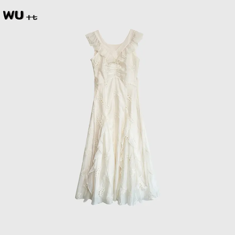 法式V领连衣裙女夏季气质优雅显瘦高级感荷叶边无袖裙2506047