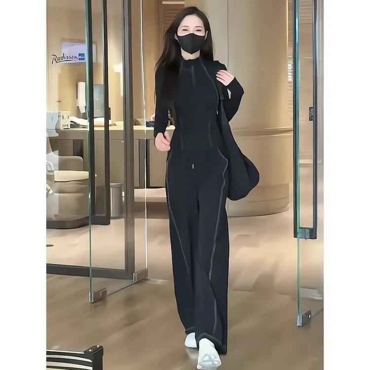 高级感时尚休闲运动套装女秋2025新款黑色显瘦修身卫衣长裤两件套
