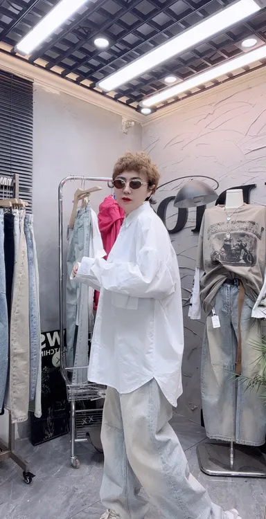 宽松慵懒风中长款衬衫开叉设计休闲百搭衬衣上衣