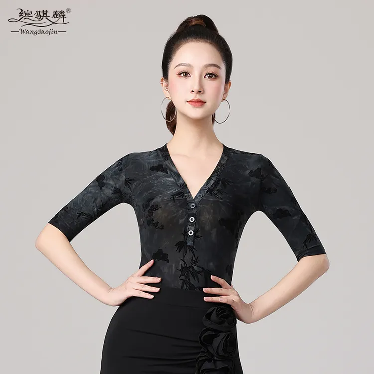 拉丁舞女上衣中袖性感V领印花练功服交际舞服装舞蹈连体衣长袖