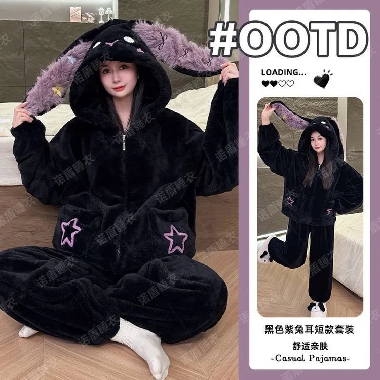加绒加厚保暖套装爆款珊瑚绒睡衣2025冬季卡通少女风家居服套装